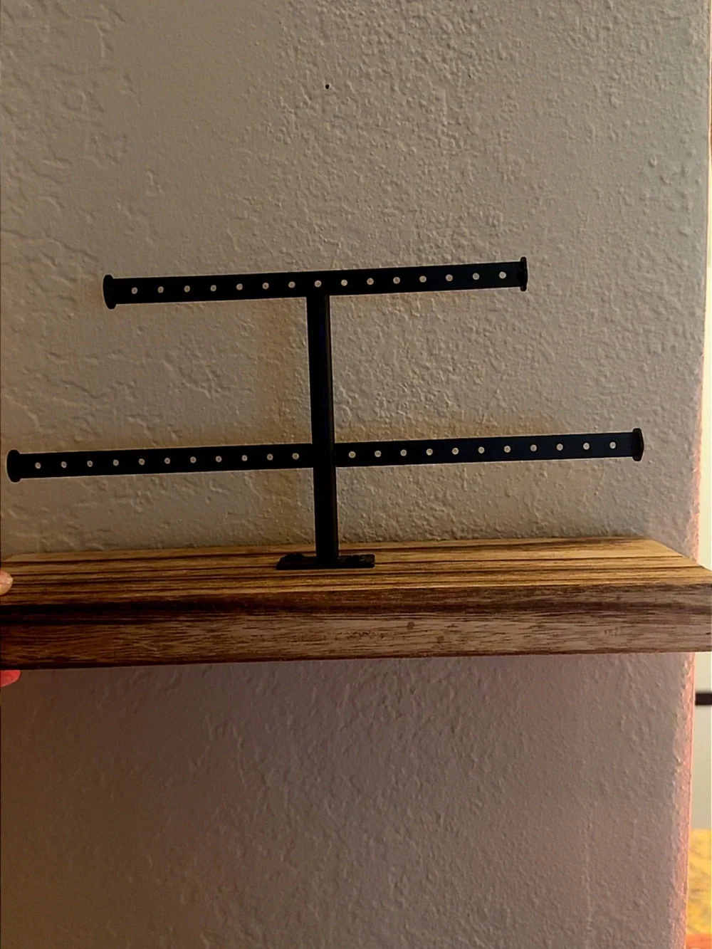 Industrial Double-Bar Jewelry Rack on Natural Wood Mount